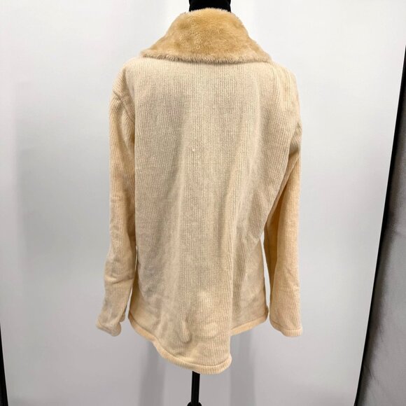 Vintage Snowflake Sequin Chenille Cardigan Sweater Womens Faux Fur Collar Cream - Picture 8 of 8